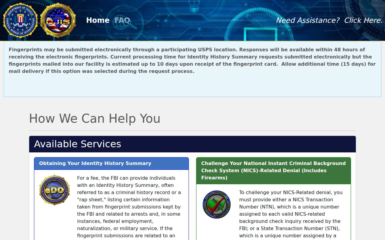 Grant County arrest records FBI identity history request portal
