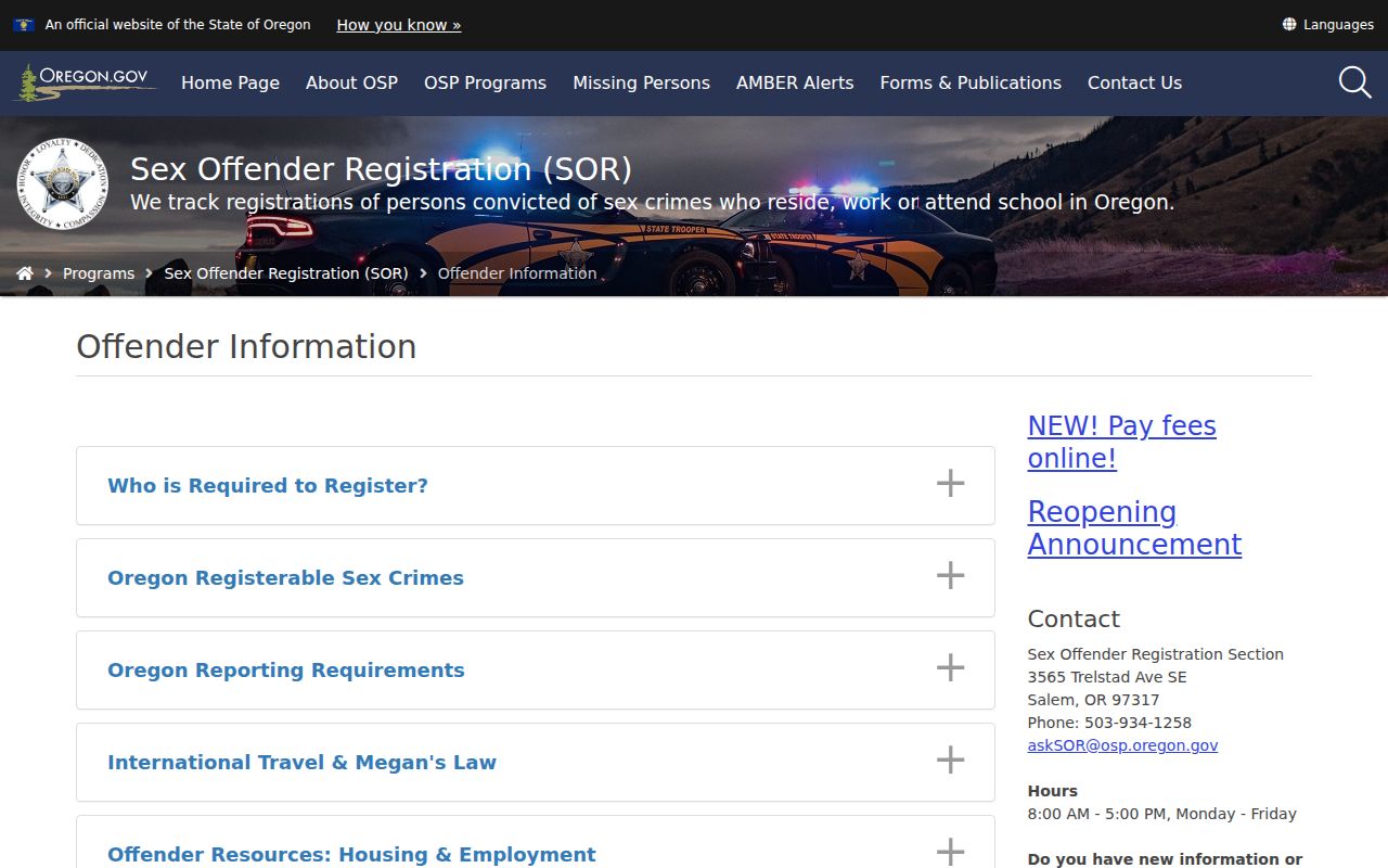 Oregon State Police sex offender reporting rules page