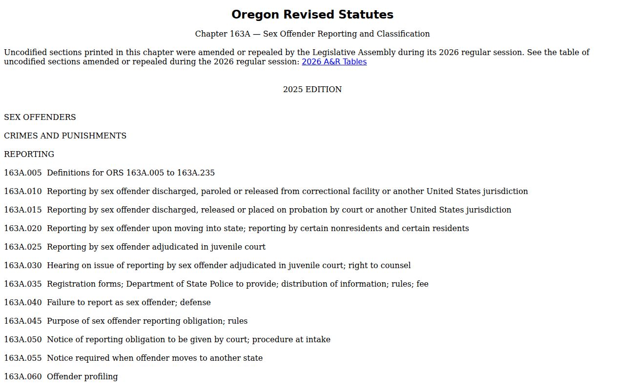 Oregon Legislature ORS Chapter 163A sex offender law